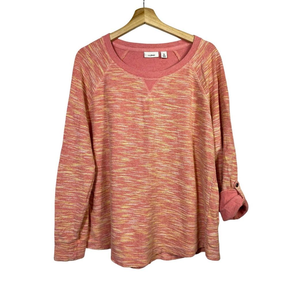 L.L. Bean Womens Sweater Top Roll Tab Sleeve Cotton Heathered Pink Size XL